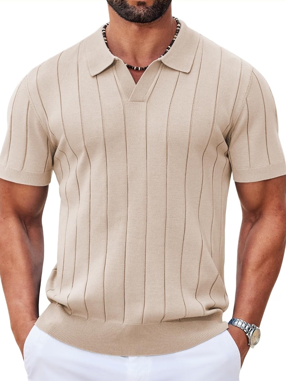 Men's Short Sleeve Ribbed Polo in Beige